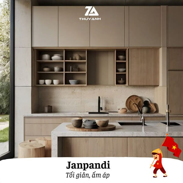 Tủ bếp cánh gỗ phủ PETG phong cách Japandi