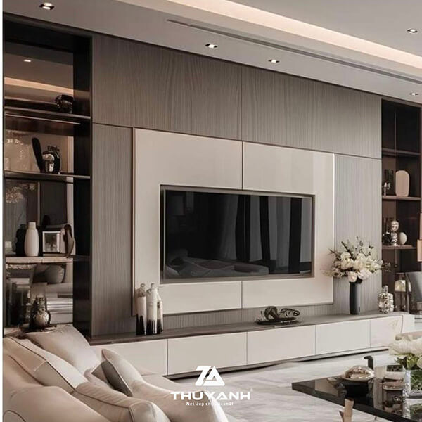 Vách ốp gỗ PETG phòng khách