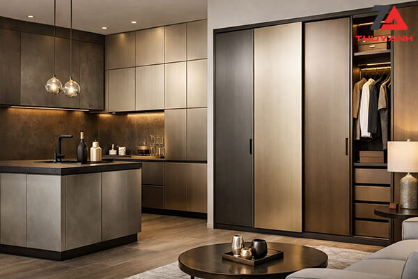 Tủ bếp gỗ Metallic bề mặt ánh kim