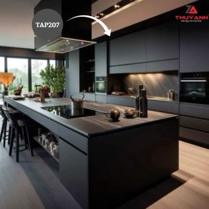 Tủ bếp sử dụng cánh gỗ PETG mã màu TAP207 than tre