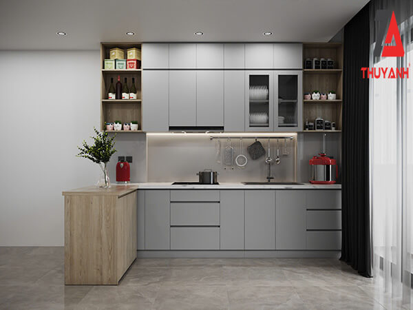 Tủ bếp gỗ plywood phủ PETG cho chung cư